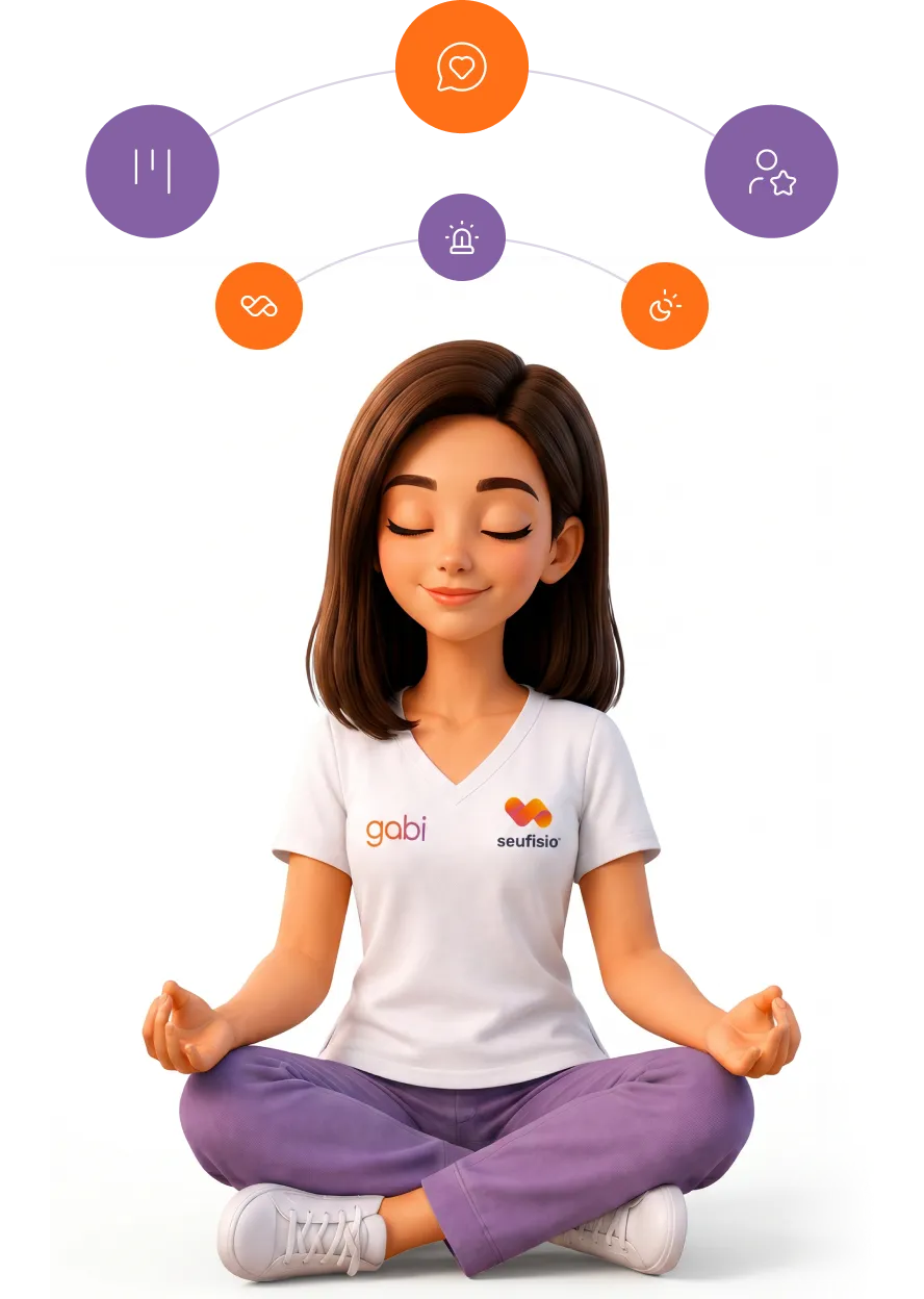 Gabi, mascote da seufisio, meditando cercada por ícones das funcionalidades da plataforma