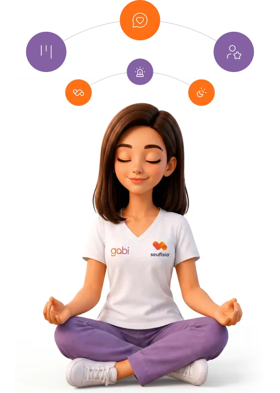 Gabi, mascote da seufisio, meditando cercada por ícones das funcionalidades da plataforma